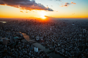 都市の日没・都心から富士山方向・Aerial view