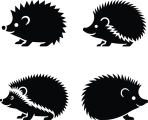 Four cute black silhouette hedgehogs facing different directions