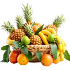 A Delicious Assortment of Fresh Tropical Fruits and Citrus in a Wicker Basket. Transparent PNG file