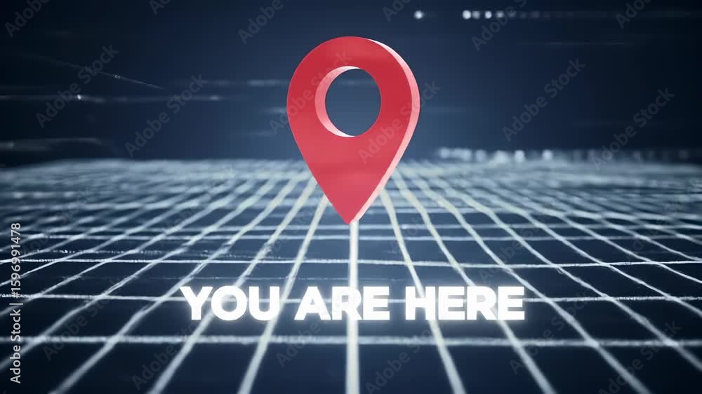 Poster red map pin location marker grid digital background with futuristic navigation direction, glowing te