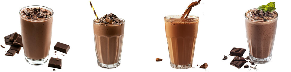 Four Delicious Chocolate Milkshakes with Toppings and Straws Showcase Decadent Refreshments Ready to Enjoy, Perfect for Dessert Menus and Creative Food Photography - Isolated on Transparent Background