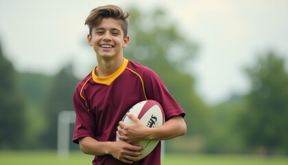 Cheerful teenage boy holding a rugby ball on a sunny field