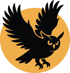 Silhouette of a black owl in flight against a bright orange moon