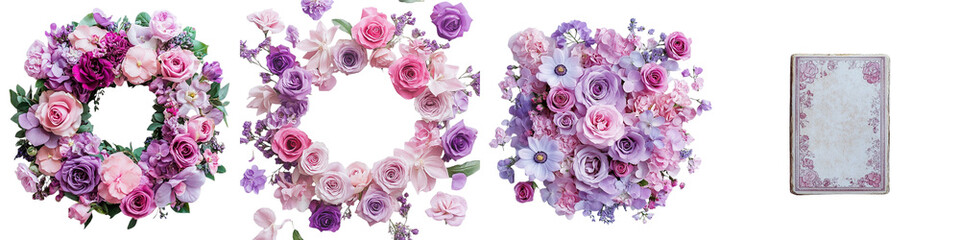 Floral Wreaths and a Vintage Journal Adorned with Roses, Featuring Delicate Pink, Purple, and Lavender Hues for a Timeless and Elegant Aesthetic - Isolated on Transparent Background