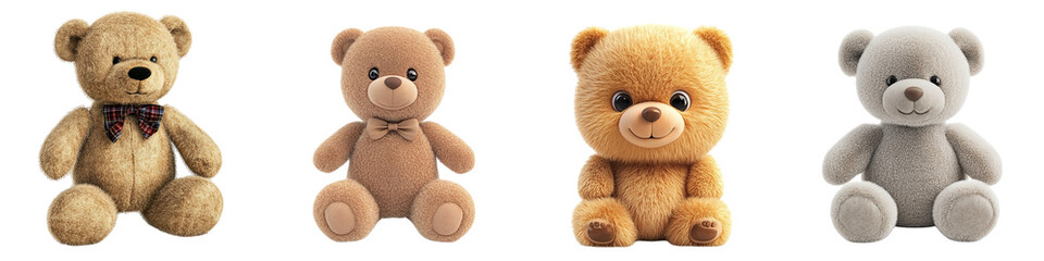 Collection of Adorable Teddy Bears with Bow Ties, Perfect for Childhood, Playtime, and Comfort themed Designs and Marketing Materials - Isolated on Transparent Background