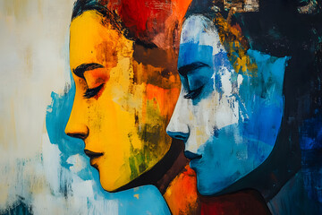 a painting of two women with their eyes closed