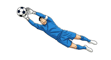 An animated soccer goalkeeper in a blue uniform makes a dynamic diving save, expertly catching the black and white ball against a clean white background.
