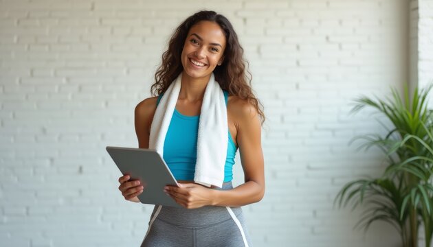Smiling woman holding a tablet after workout