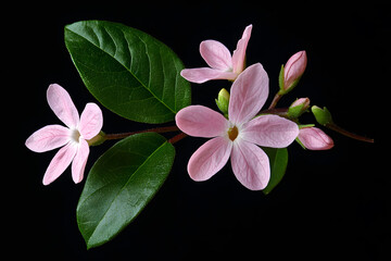 a pink flower with green leaves on a black background