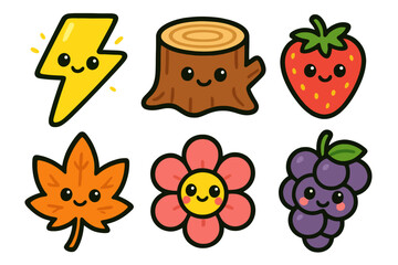 Cartoon nature icon set with lightning, log, strawberry, wind swirl, star leaf, and berries. All icons have happy faces and bold colorful style.