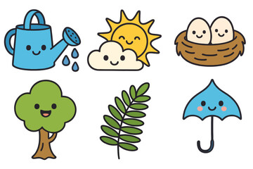 Set of 6 cute cartoon icons with smiling faces. Includes watering can, sun behind cloud, nest, tree, fern leaf, and umbrella-shaped raindrop.