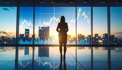 Financial Future: Businesswoman Contemplates Market Trends in a Modern Office, Analyzing Stock Charts Against a Vibrant Cityscape at Sunset