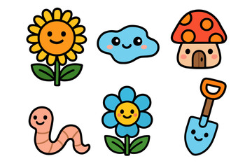 Cartoon icon set with autumn leaf, stump, pinecone, raindrop, wind swirl, and snowball. All icons are smiling and styled with cute, colorful cartoon lines.