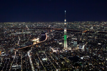 スカイツリーと隅田川・夜景・Aerial view