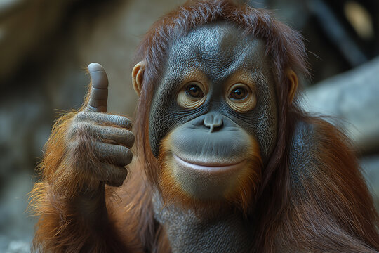 Adorable orangutan giving thumbs up in wild natural habitat for jungle wildlife photography - Powered by Adobe