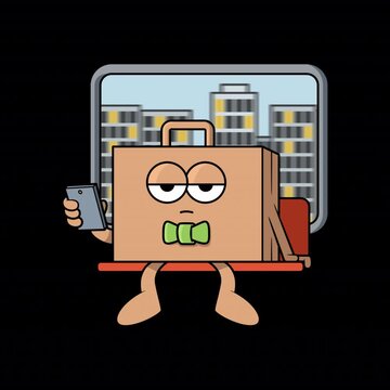 Suitcase Character Riding Subway Holding Phone. Urban Commute Animation.