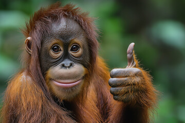 Orangutan primate giving thumbs up in jungle wildlife with nature and endangered vibes