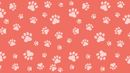 Seamless pattern with light pink paw prints on a coral red background. Ideal for pet-themed designs