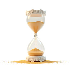 Ancient ornamental hourglass with sand flowing against a transparent backdrop capturing the passage of time. Transparent PNG file