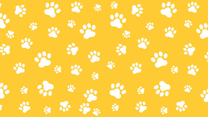 Seamless pattern with white dog paw prints on a cheerful yellow background. Ideal for pet-themed designs