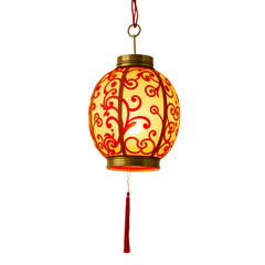 An ornate traditional Chinese lantern illuminated from within casting a warm glow with decorative red scrollwork patterns. Transparent PNG file