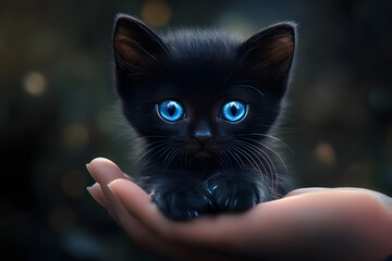 a black kitten with blue eyes sitting on a persons hand