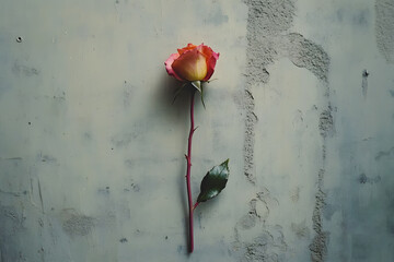 a single rose on a wall with a green leaf