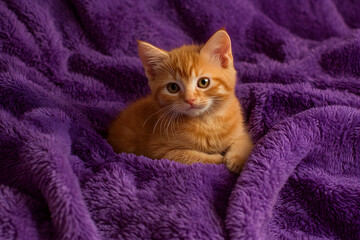 a small orange kitten sitting on a purple blanket