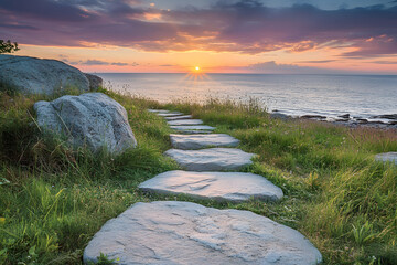 a stone path leads to the ocean at sunset