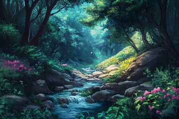 a stream running through a lush green forest