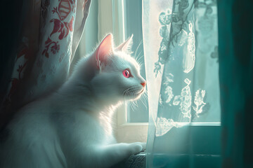 a white cat sitting in front of a window