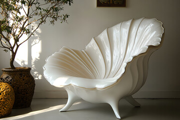 a white shell chair sitting next to a potted plant