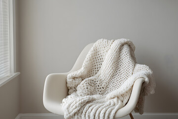 a white chair with a blanket on it