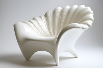 a white chair with a shell shaped seat