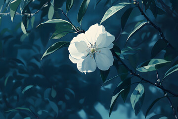 a white flower is on a tree branch