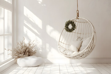 a white hanging chair in a room with a wreath