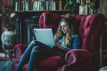 a woman sitting in a chair using a laptop