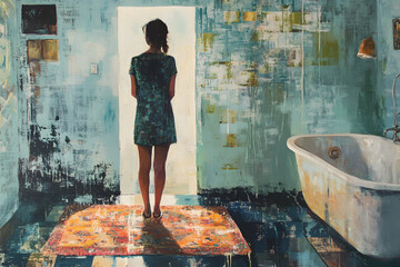 a painting of a woman standing in a bathroom