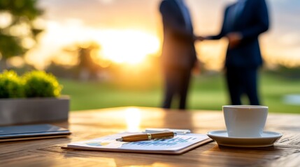 Business Partners Meeting at a Golf Course. Strategic Planning on the Green: Business Partners Brainstorming New Ventures on Golf Course with Copy Space for Text