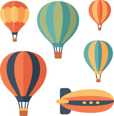 Colorful Hot Air Balloons and an Airship in a Flat Design Illustration