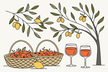 Lemon line vector drawing. Italian hand drawn doodle summer citrus fruit. Sketch lemon branch or tree in Mediterranean vase. Traditional lemonade cocktails. Amalfi or Sicily Italy coast illustration.