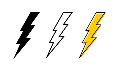 Fototapeta na wymiar Collection of bolt icons. Thunderstorm signs isolated on white background. Lightning, flash light, energy or battery charge symbols. Dramatic or danger anime pictograms. Vector graphic illustration.