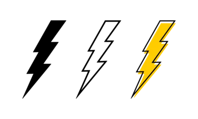 Fototapete Collection of bolt icons. Thunderstorm signs isolated on white background. Lightning, flash light, energy or battery charge symbols. Dramatic or danger anime pictograms. Vector graphic illustration. © vikusha_art
