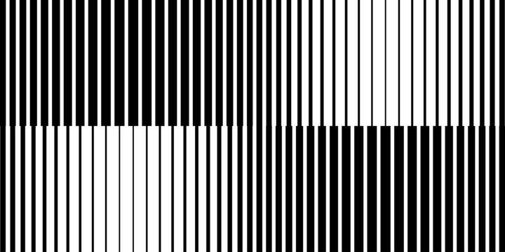 Vertical black and white stripes pattern. Parallel straight lines background. Wallpaper with dynamic ripple halftone effect. Abstract geometric print. Vector graphic illustration.