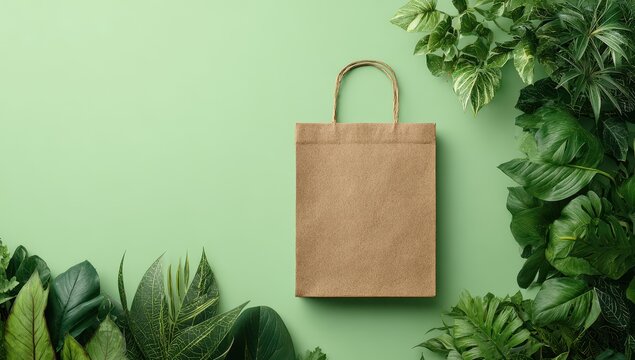 Sustainable paper bag, surrounded by greenery