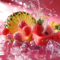 A fruit salad with strawberries, watermelon, and pineapple