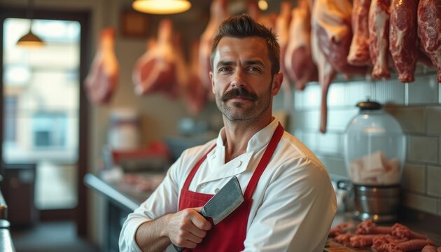 Confident butcher showcasing his craft