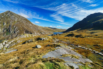 Llyn Ogwen Valley in daylight, Snowdonia National Park, Wales, UK