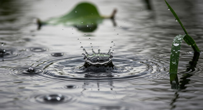 Close up of a water droplet creating a crown splash with ripples and grass in the background