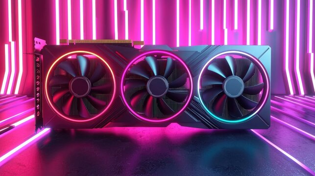 A graphic processing unit with vibrant lighting.